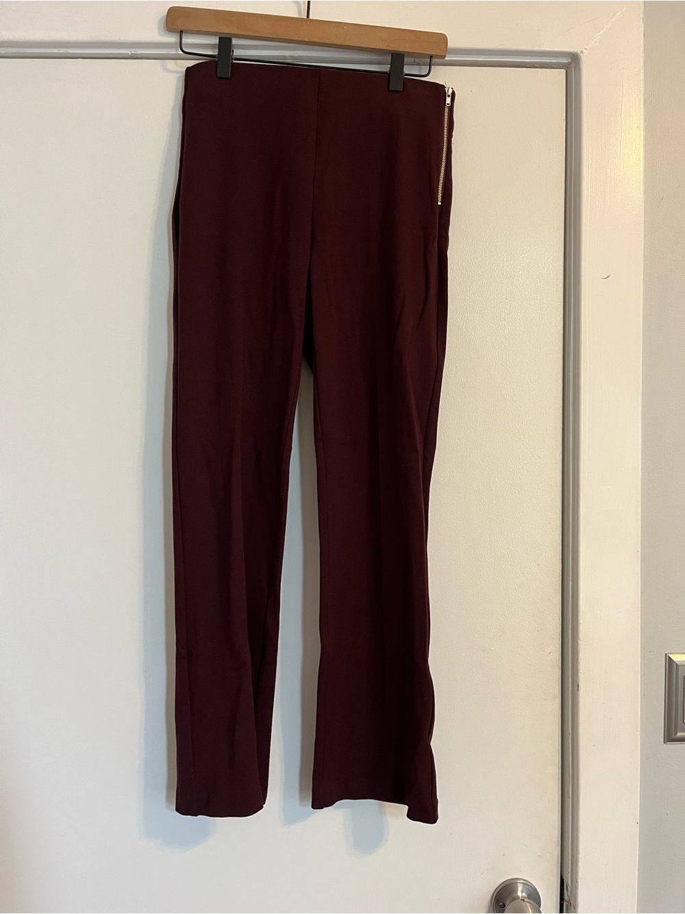 ecru Slim Straight Burgundy Pants with Side Zipper small kick flare